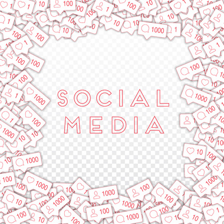 Social media icons. Social media concept. Falling counter comment friend notification. Chaotic border elements on transparent grid background.のイラスト素材