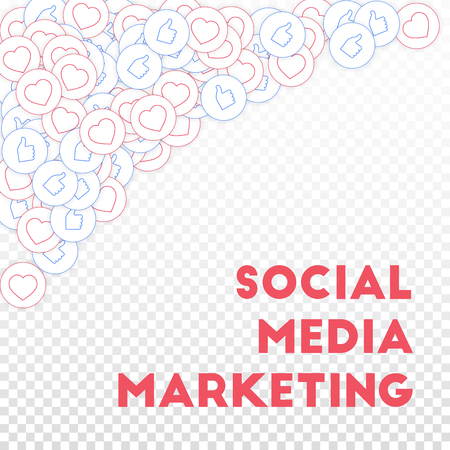 Social media icons. Social media marketing concept. Falling scattered thumbs up hearts. Top left corner elements on transparent grid background.のイラスト素材