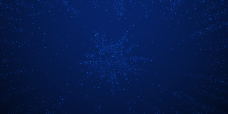 Beautiful glowing snow Christmas background. Subtle flying snow flakes and stars on dark blue night background. Appealing winter silver snowflake overlay template. Unequaled vector illustration.のイラスト素材