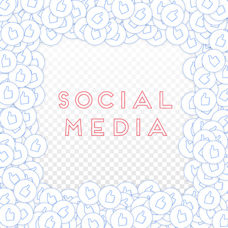 Social media icons. Social media concept. Falling scattered thumbs up. Chaotic border elements on transparent grid background.のイラスト素材