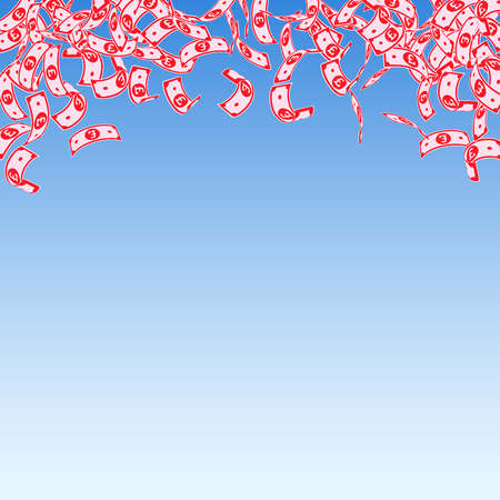 British pound notes falling. Small GBP bills on blue sky background. United Kingdom money. Attractive vector illustration. Adorable jackpot, wealth or success concept.のイラスト素材