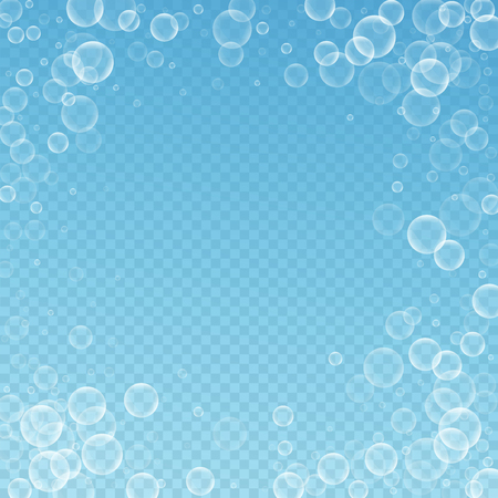 Random soap bubbles abstract background. Blowing bubbles on blue transparent background. Bold soapy foam overlay template. Sightly vector illustration.のイラスト素材