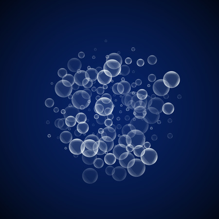 Random soap bubbles abstract background. Blowing bubbles on dark blue night background. Breathtaking soapy foam overlay template. Majestic vector illustration.のイラスト素材