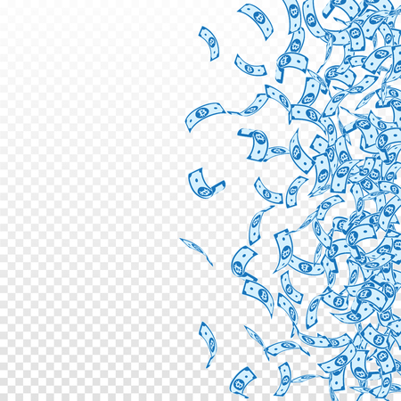 Bitcoin, internet currency notes falling. Small BTC bills on transparent background. Cryptocurrency, digital money. Adorable vector illustration. Impressive jackpot, wealth or success concept.のイラスト素材