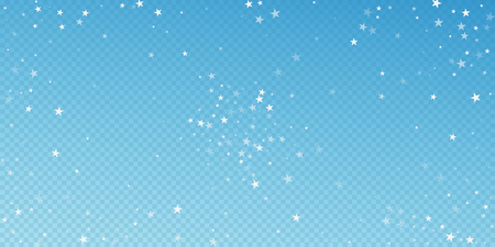 Random falling stars Christmas background. Subtle flying snow flakes and stars on blue transparent background. Artistic winter silver snowflake overlay template. Appealing vector illustration.のイラスト素材