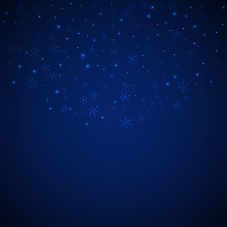 Sparse glowing snow Christmas background. Subtle flying snow flakes and stars on dark blue night background. Amazing winter silver snowflake overlay template. Enchanting vector illustration.のイラスト素材