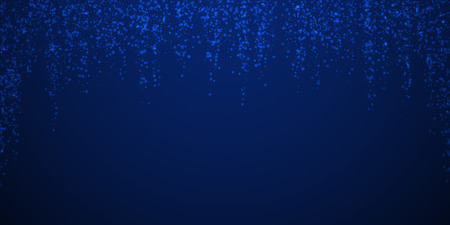 Magic stars sparse Christmas background. Subtle flying snow flakes and stars on dark blue night background. Attractive winter silver snowflake overlay template. Fair vector illustration.のイラスト素材