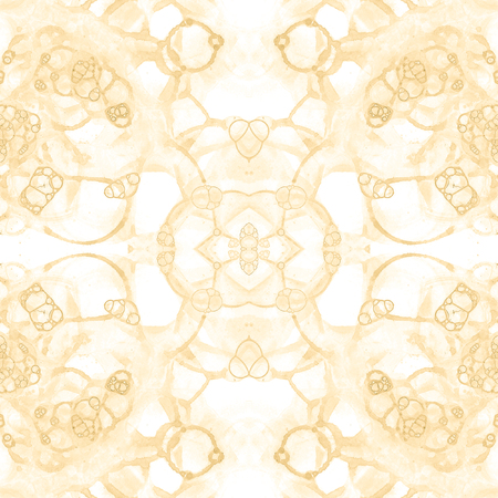 Yellow seamless pattern. Amazing delicate soap bubbles. Lace hand drawn textile ornament. Kaleidoscope mandala lingerie print. Fresh abstract watercolor background.の写真素材