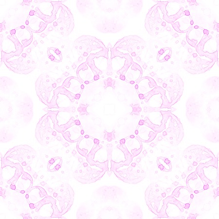 Pink seamless pattern. Amusing delicate soap bubbles. Lace hand drawn textile ornament. Kaleidoscope mandala lingerie print. Valuable abstract watercolor background.の写真素材