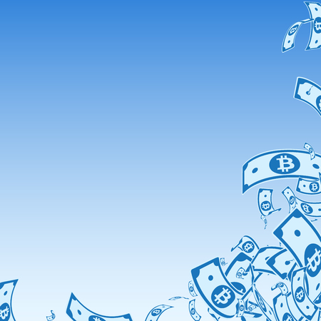 Bitcoin, internet currency notes falling. Messy BTC bills on blue sky background. Cryptocurrency, digital money. Actual vector illustration. Energetic jackpot, wealth or success concept.のイラスト素材