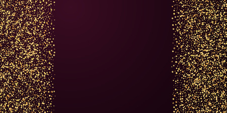 Gold confetti luxury sparkling confetti. Scattered small gold particles on red maroon background. Astonishing festive overlay template. Amazing vector illustration.のイラスト素材