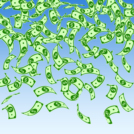 American dollar notes falling. Floating USD bills on blue sky background. USA money. Creative vector illustration. Neat jackpot, wealth or success concept.のイラスト素材