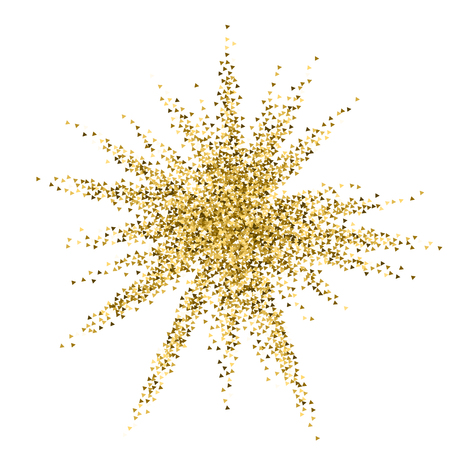 Gold triangles glitter luxury sparkling confetti. Scattered small gold particles on white background. Admirable festive overlay template. Alluring vector illustration.のイラスト素材