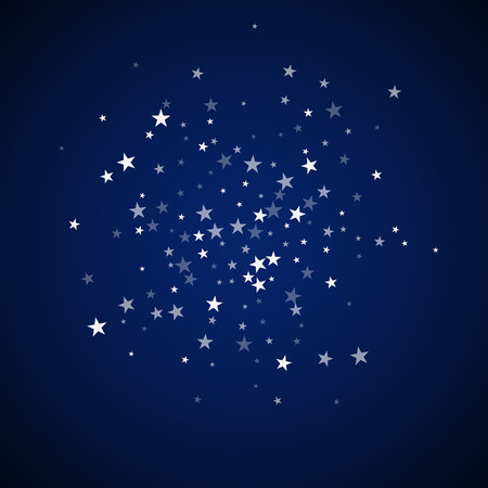 Random falling stars Christmas background. Subtle flying snow flakes and stars on dark blue night background. Actual winter silver snowflake overlay template. Graceful vector illustration.のイラスト素材