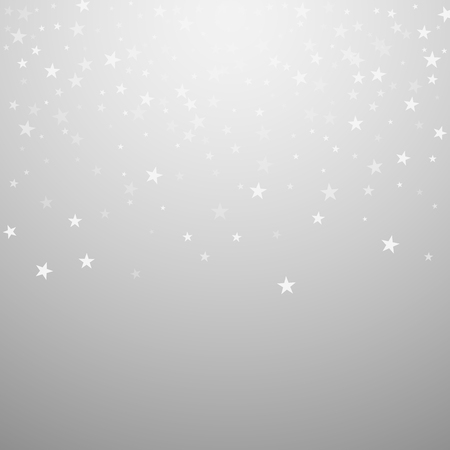 Random falling stars Christmas background. Subtle flying snow flakes and stars on light grey background. Alive winter silver snowflake overlay template. Original vector illustration.のイラスト素材