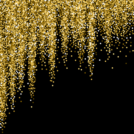 Round gold glitter luxury sparkling confetti. Scattered small gold particles on black background. Alive festive overlay template. Modern vector illustration.のイラスト素材