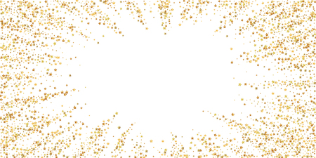 Gold stars luxury sparkling confetti. Scattered small gold particles on white background. Charming festive overlay template. Graceful vector illustration.のイラスト素材