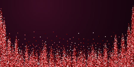 Red gold glitter luxury sparkling confetti. Scattered small gold particles on red maroon background. Beautiful festive overlay template. Emotional vector illustration.のイラスト素材