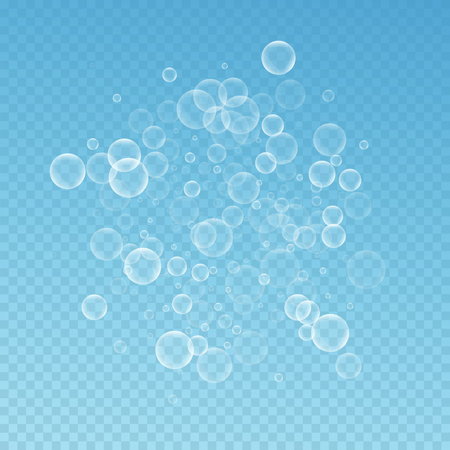 Random soap bubbles abstract background. Blowing bubbles on blue transparent background. Breathtaking soapy foam overlay template. Outstanding vector illustration.のイラスト素材