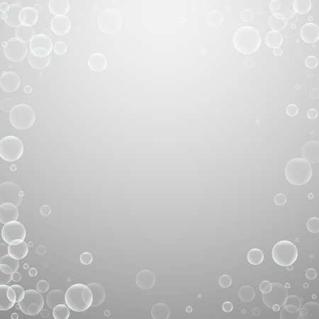Random soap bubbles abstract background. Blowing bubbles on light grey background. Bold soapy foam overlay template. Unusual vector illustration.のイラスト素材