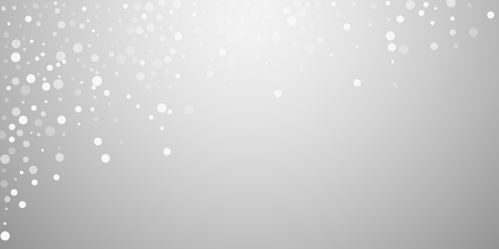 White dots Christmas background. Subtle flying snow flakes and stars on light grey background. Authentic winter silver snowflake overlay template. Unequaled vector illustration.のイラスト素材