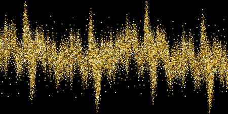 Round gold glitter luxury sparkling confetti. Scattered small gold particles on black background. Beauteous festive overlay template. Immaculate vector illustration.のイラスト素材