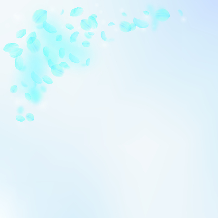 Turquoise flower petals falling down. Nice romantic flowers corner. Flying petal on blue sky square background. Love, romance concept. Amusing wedding invitation.のイラスト素材