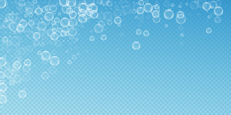 Random soap bubbles abstract background. Blowing bubbles on transparent blue background. Artistic soapy foam overlay template. Overwhelming vector illustration.のイラスト素材