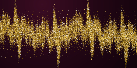 Gold triangles glitter luxury sparkling confetti. Scattered small gold particles on red maroon background. Beauteous festive overlay template. Fantastic vector illustration.のイラスト素材