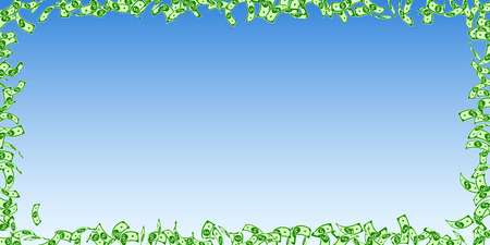 American dollar notes falling. Small USD bills on blue sky background. USA money. Curious vector illustration. Ideal jackpot, wealth or success concept.のイラスト素材