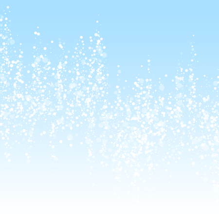 Magic stars sparse Christmas background. Subtle flying snow flakes and stars on winter sky background. Beauteous winter silver snowflake overlay template. Noteworthy vector illustration.のイラスト素材