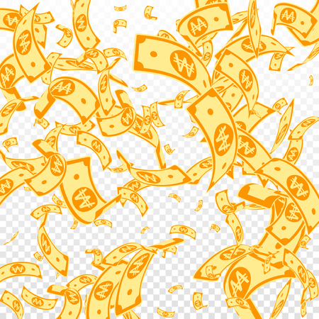 Korean won notes falling. Random WON bills on transparent background. Korea money. Delicate vector illustration. Astonishing jackpot, wealth or success concept.のイラスト素材