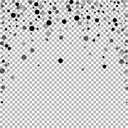 Scattered random black dots. Dark points dispersion on transparent background. Bizarre grey spots dispersing overlay template. Elegant vector illustration.のイラスト素材