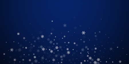 Sparse snowfall Christmas background. Subtle flying snow flakes and stars on dark blue night background. Astonishing winter silver snowflake overlay template. Pretty vector illustration.のイラスト素材