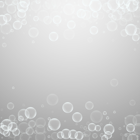 Random soap bubbles abstract background. Blowing bubbles on light grey background. Bold soapy foam overlay template. Curious vector illustration.のイラスト素材