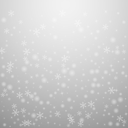 Sparse glowing snow Christmas background. Subtle flying snow flakes and stars on light grey background. Alluring winter silver snowflake overlay template. Pleasing vector illustration.のイラスト素材