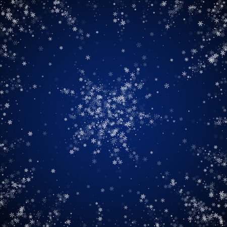 Beautiful snowfall Christmas background. Subtle flying snow flakes and stars on dark blue night background. Actual winter silver snowflake overlay template. Beautiful vector illustration.のイラスト素材