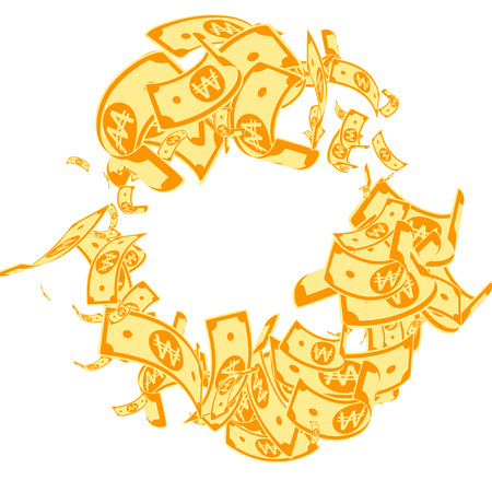 Korean won notes falling. Messy WON bills on white background. Korea money. Decent vector illustration. Exceptional jackpot, wealth or success concept.のイラスト素材