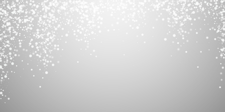 Beautiful falling snow Christmas background. Subtle flying snow flakes and stars on light grey background. Admirable winter silver snowflake overlay template. Modern vector illustration.のイラスト素材