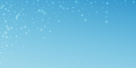 Sparse glowing snow Christmas background. Subtle flying snow flakes and stars on transparent blue background. Admirable winter silver snowflake overlay template. Enchanting vector illustration.のイラスト素材