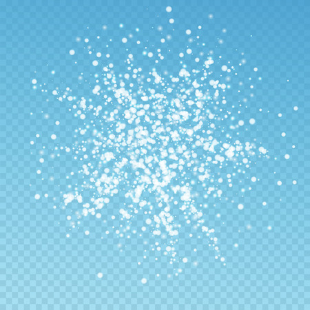 Amazing falling snow Christmas background. Subtle flying snow flakes and stars on blue transparent background. Actual winter silver snowflake overlay template. Emotional vector illustration.のイラスト素材