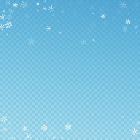Sparse snowfall Christmas background. Subtle flying snow flakes and stars on blue transparent background. Adorable winter silver snowflake overlay template. Fresh vector illustration.のイラスト素材
