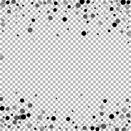 Scattered random black dots. Dark points dispersion on transparent background. Bizarre grey spots dispersing overlay template. Fine vector illustration.のイラスト素材