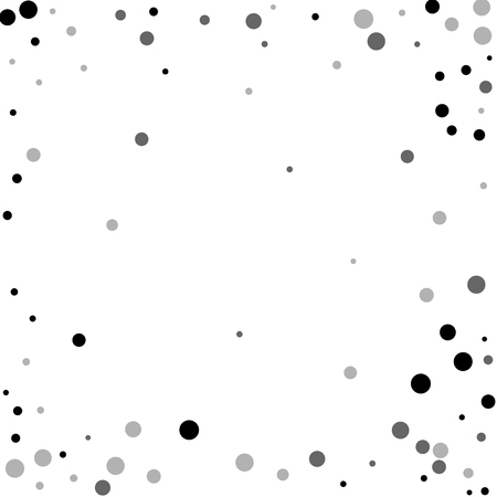 Scattered random black dots. Dark points dispersion on white background. Bizarre grey spots dispersing overlay template. Trending vector illustration.のイラスト素材