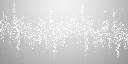 Amazing falling snow Christmas background. Subtle flying snow flakes and stars on light grey background. Actual winter silver snowflake overlay template. Flawless vector illustration.のイラスト素材
