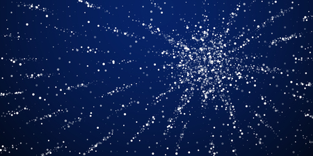 Random white dots Christmas background. Subtle flying snow flakes and stars on dark blue night background. Astonishing winter silver snowflake overlay template. Excellent vector illustration.のイラスト素材