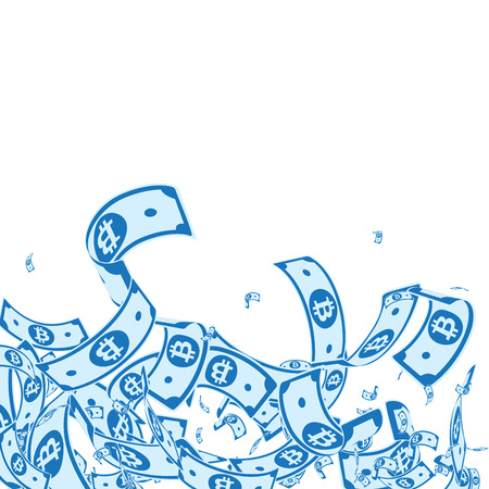 Bitcoin, internet currency notes falling. Messy BTC bills on white background. Cryptocurrency, digital money. Adorable vector illustration. Dramatic jackpot, wealth or success concept.のイラスト素材