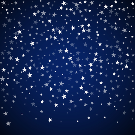 Random falling stars Christmas background. Subtle flying snow flakes and stars on dark blue night background. Alluring winter silver snowflake overlay template. Adorable vector illustration.のイラスト素材