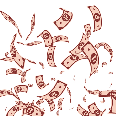 Russian ruble notes falling. Random RUB bills on white background. Russia money. Bewitching vector illustration. Bizarre jackpot, wealth or success concept.のイラスト素材