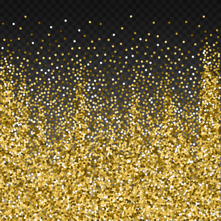 Round gold glitter luxury sparkling confetti. Scattered small gold particles on transparent background. Adorable festive overlay template. Resplendent vector illustration.のイラスト素材